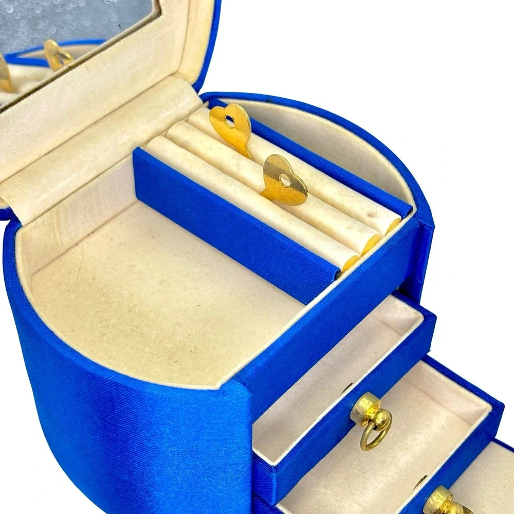 Vintage Blue Travel Jewelry Box Case w/ Mirror Drawers‎ & Keys Gold Hardware